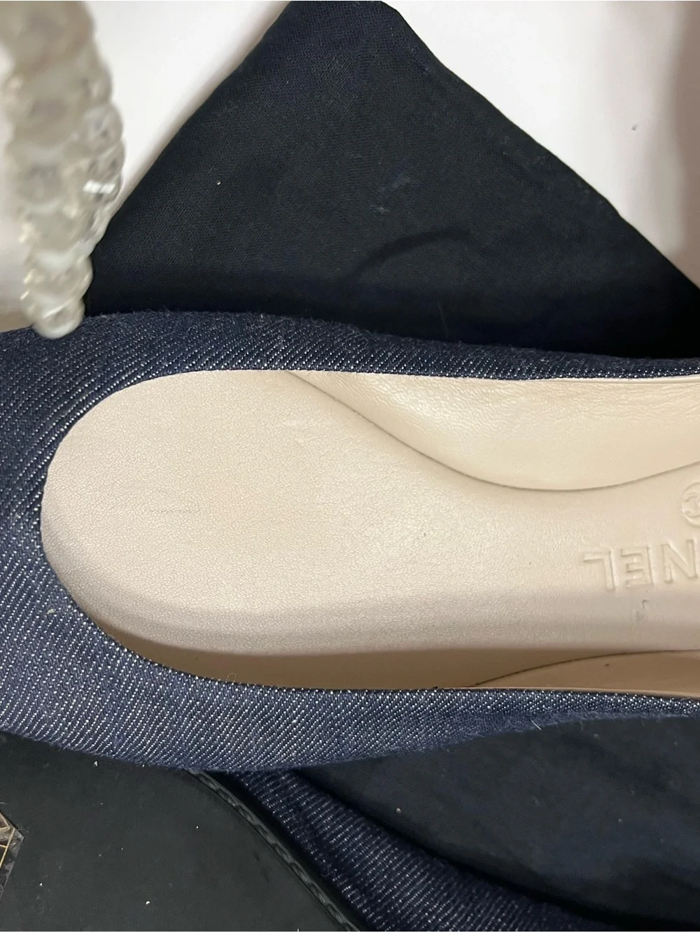 CHANEL Navy Denim Round-Toe Flat Pump